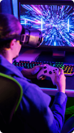 VR gaming experience - Player immersed in virtual reality